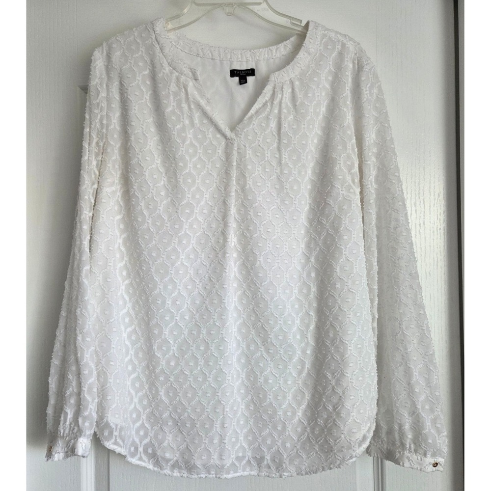 Talbots White Textured Sheer Long Sleeve V Neck‎ Blouse Sz XL Petite Office
